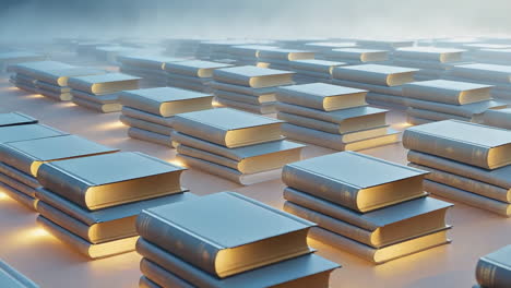 rows and stacks of glowing books in a mystical or foggy setting