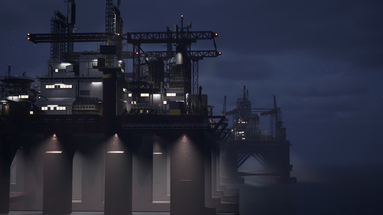 Offshore stålplatform, der udvinder fossile brændstoffer sent om natten