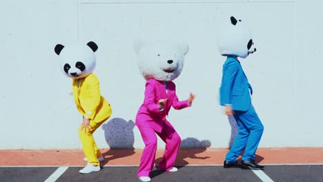 storytelling image of people wearing giant panda head