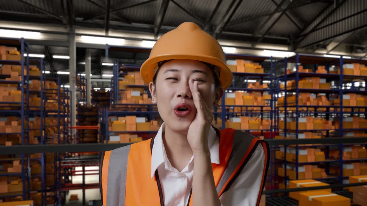 안전 헬을 입은 아시아 여성 엔지니어가 배달품으로 가득 찬 선반과 함께 창고에 서서 입 위에 손으로 소리치고 있습니다.