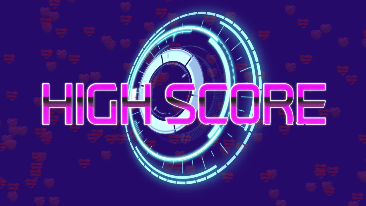 Animation of high score text over scope scanning and hearts on blue background