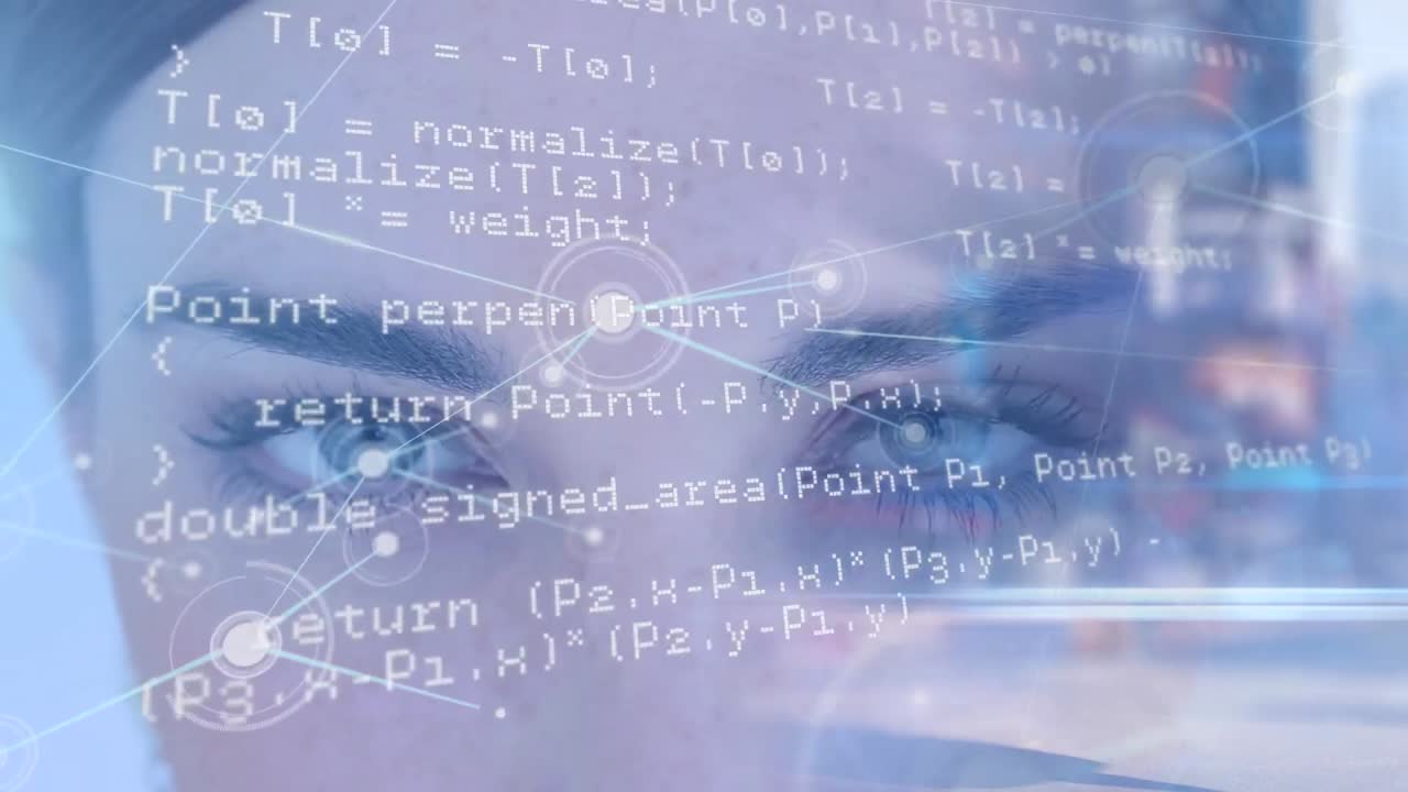 Animation of data processing over eyes of caucasian woman