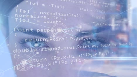 animation of data processing over eyes of caucasian woman