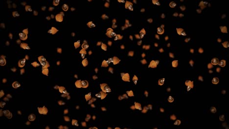 volando muchas bellotas de otoño en fondo negro. símbolo de la caída, nueces de roble, regalos de la caída. animación 3d de semillas de bellota girando. animación de bucle.