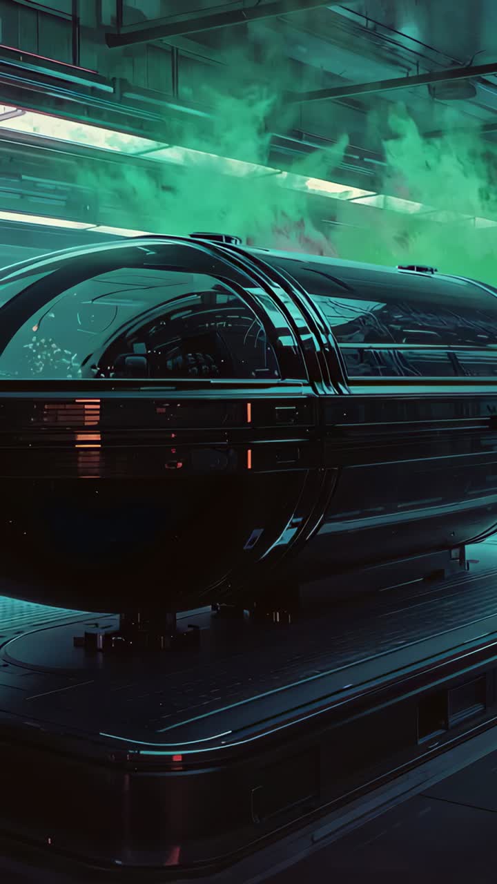 Vertical video: Emitting green vapor, pod pulsing lights in lab, clear dome signaling activation