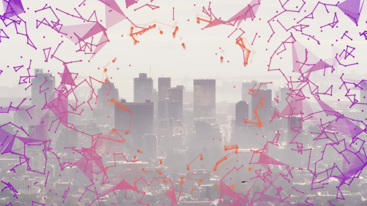 Animation of abstract geometric shapes in pink and orange over city skyline