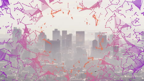 animation of abstract geometric shapes in pink and orange over city skyline