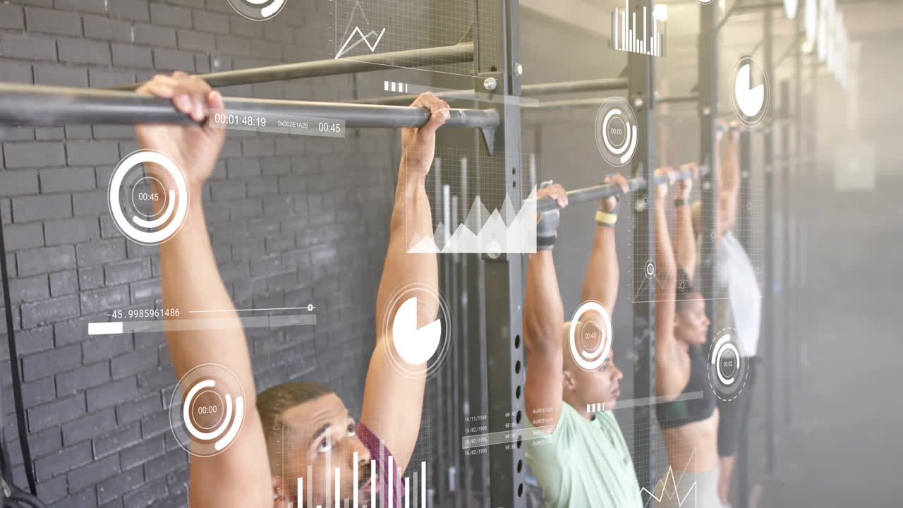 다양한 사람들이 체육관에서 풀업을 하는 금융 데이터 처리의 애니메이션