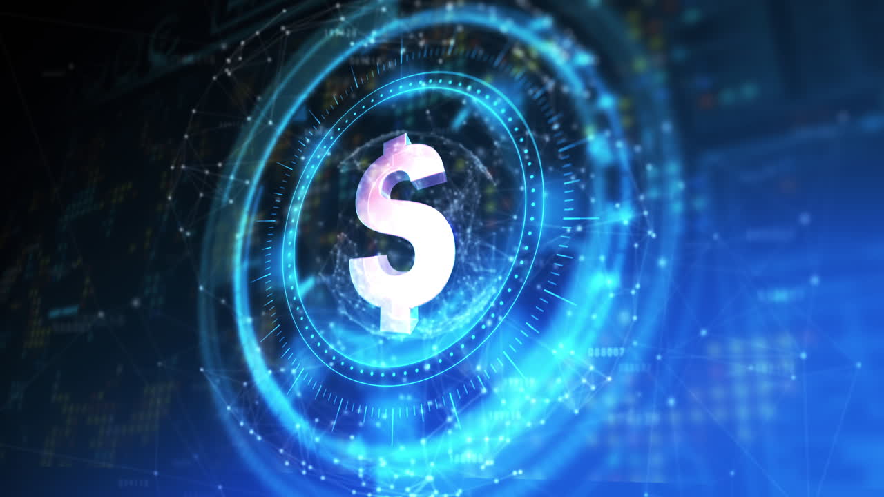 animación del círculo de procesamiento con dólar giratorio sobre el espacio digital azul y negro