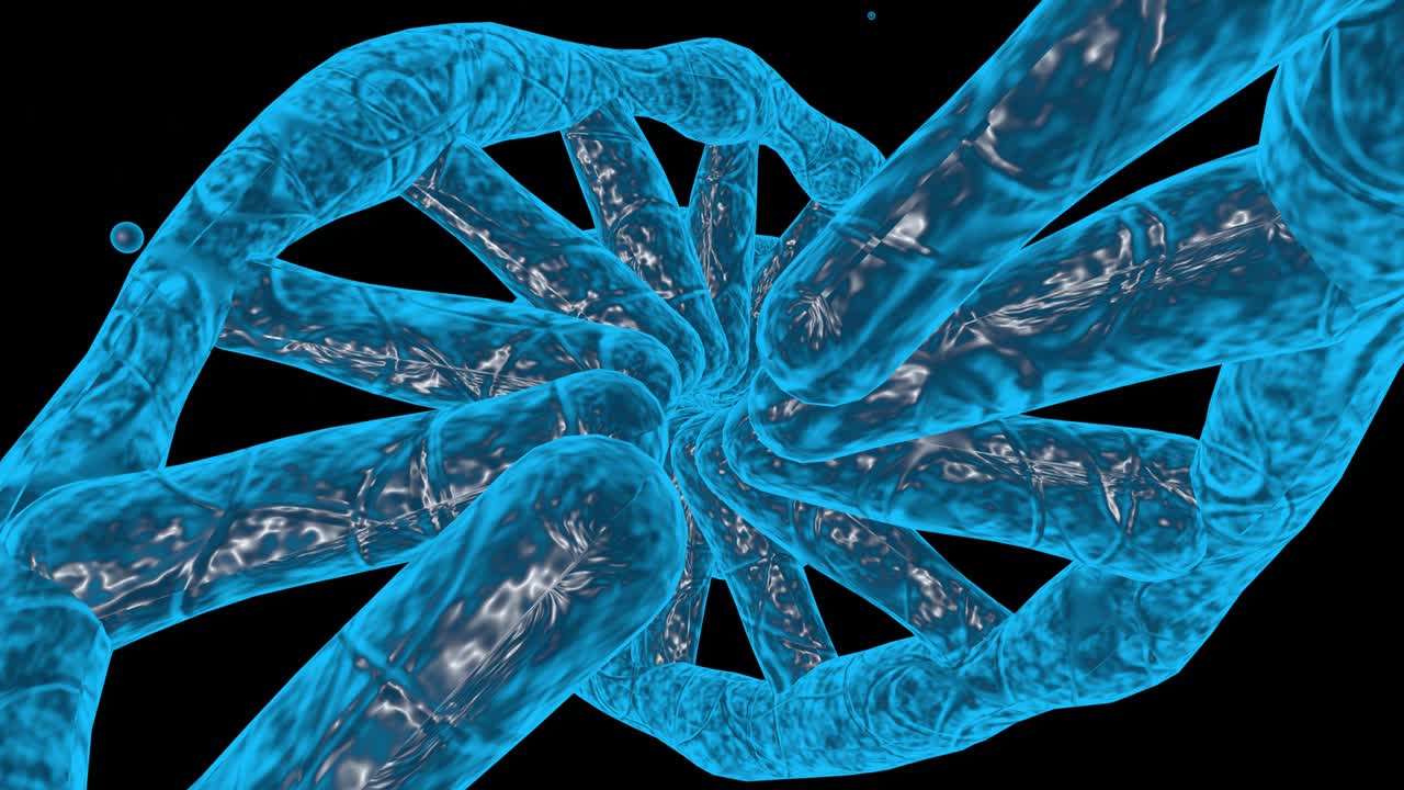 검은 바탕에 회전하는 dna의 3d 애니메이션.