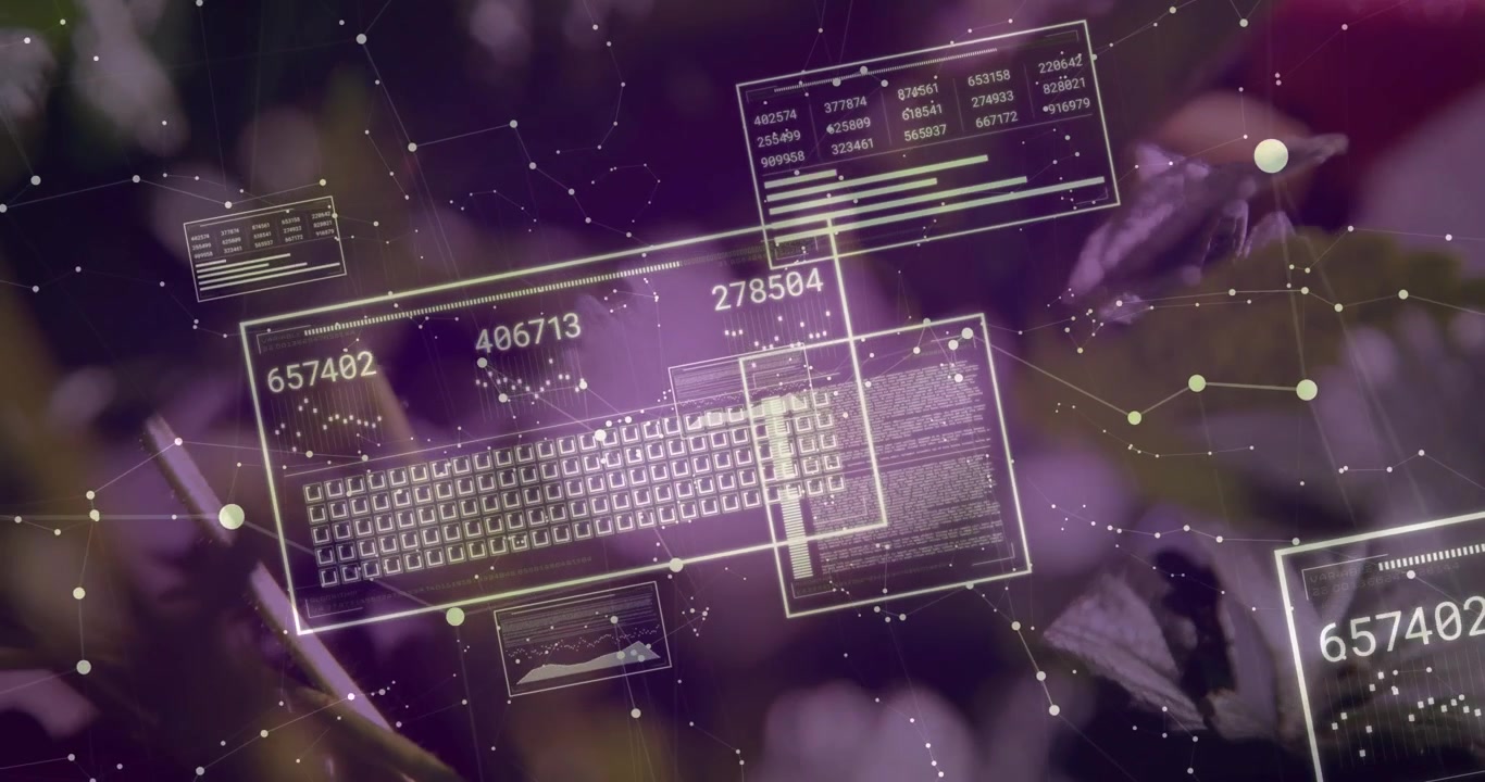 Translucent data panels fading in over purple bud, updating growth metrics and showing plant health
