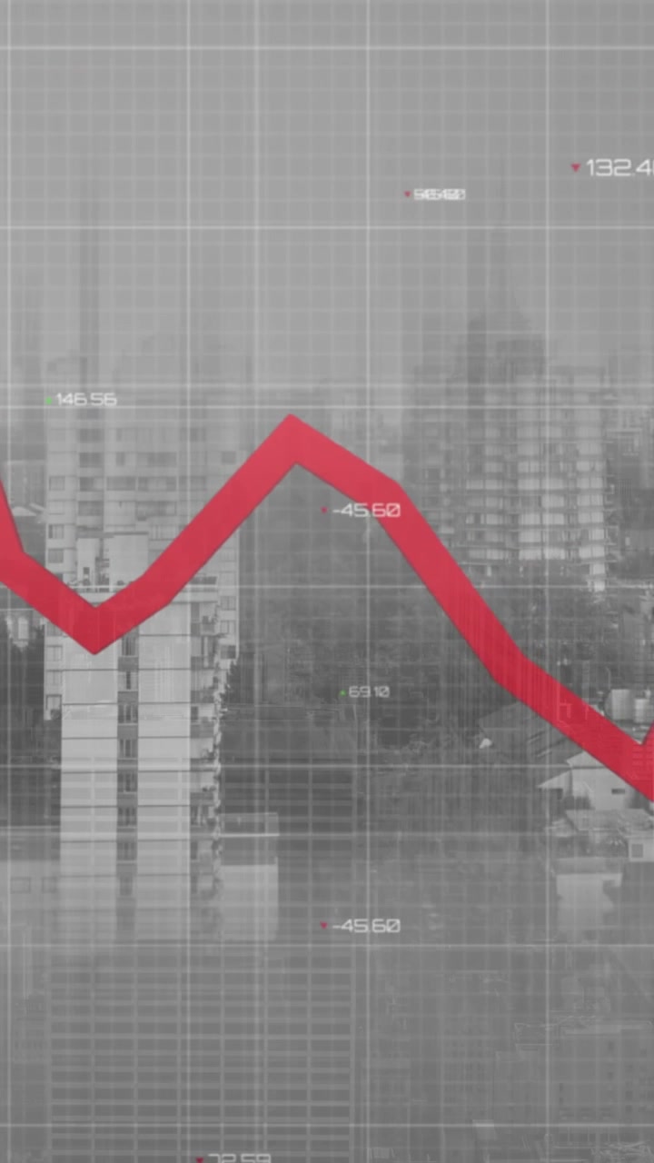 Animation of statistical data processing over grid network against aerial view of cityscape