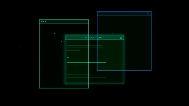 Digital Interface With Glowing Green And Blue Windows