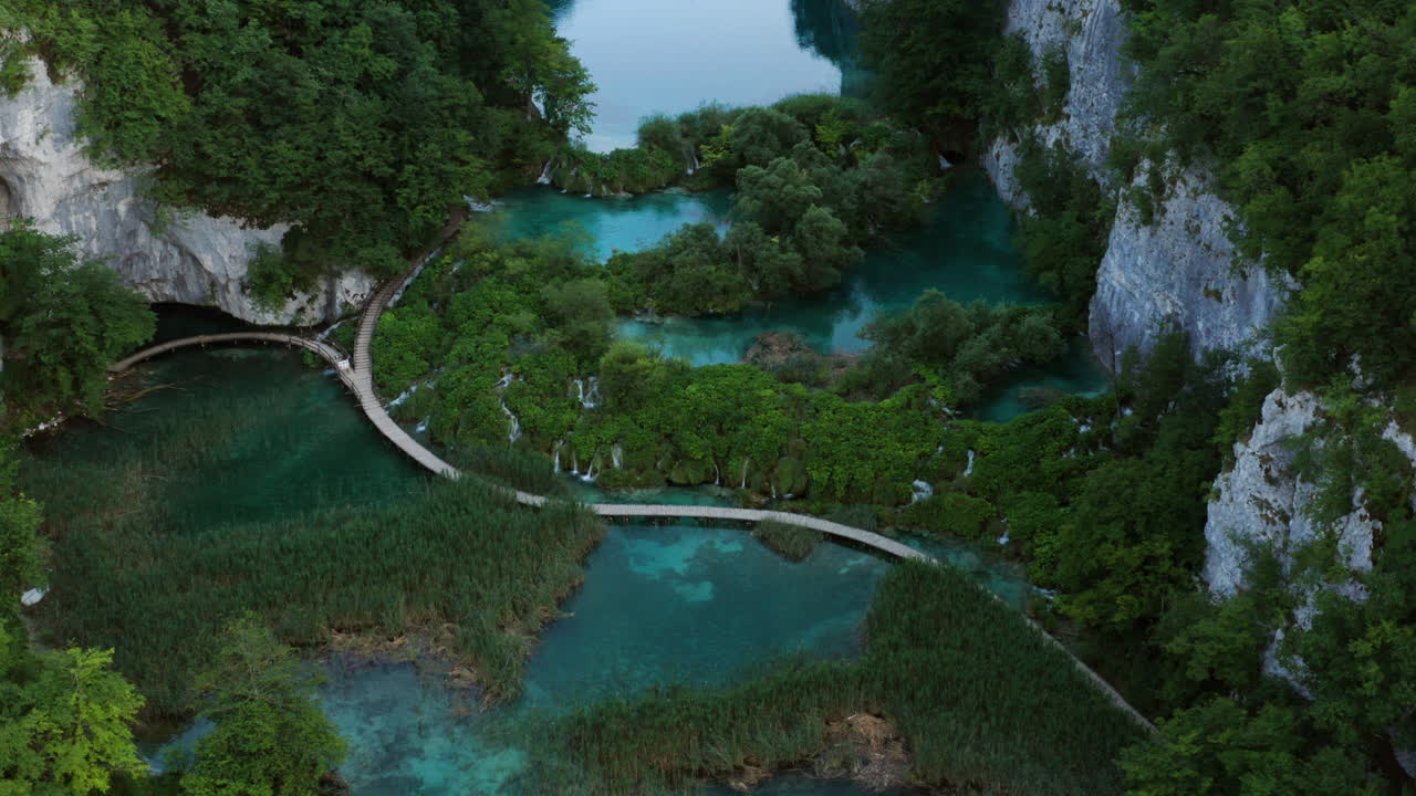 vista aérea de senderos boscosos a lo largo de las orillas del lago del parque nacional de los lagos de plitvice en croacia central