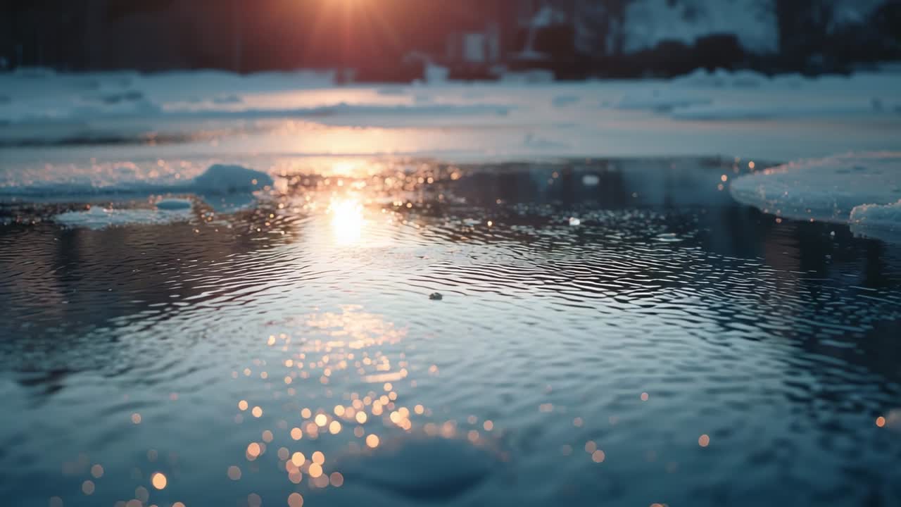 Pebble splashing into partly frozen lake at sunrise, sending concentric ripples across ice floes