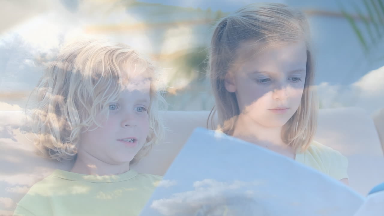 책 을 읽는 백인 어린이 들 위 에 있는 구름 의 애니메이션