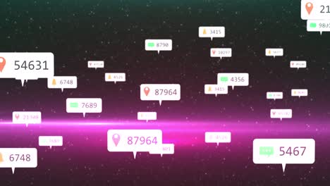 animación de iconos y números de redes sociales en banderas blancas sobre estrellas en el cielo nocturno