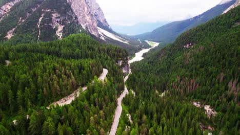 country road and thick aspen trees down the mountain alps in italy