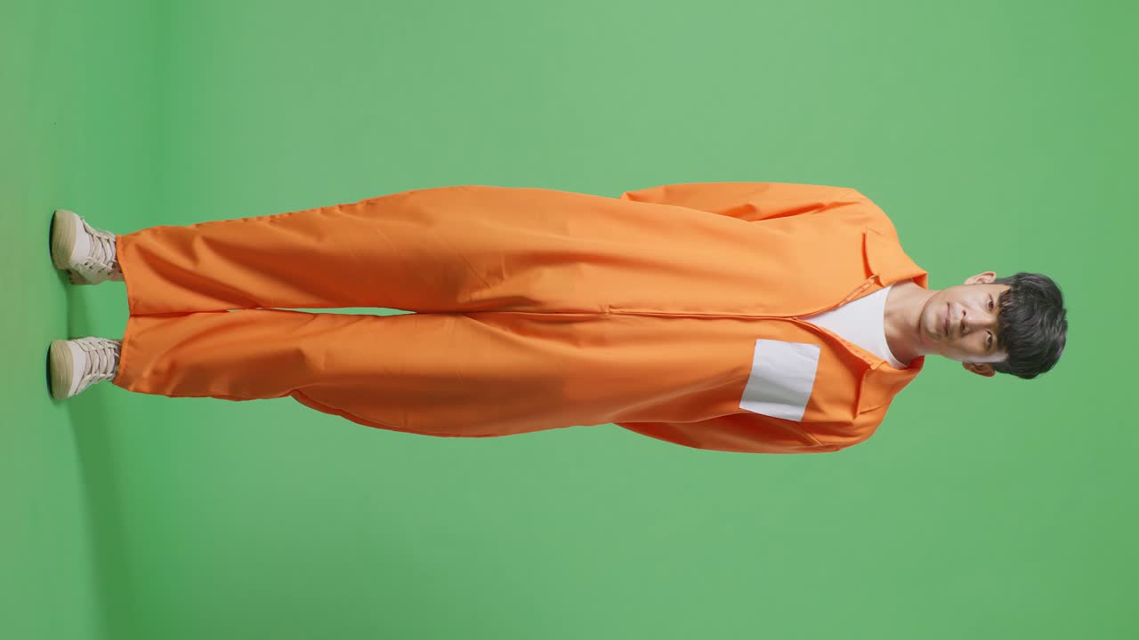 손을 은 아시아 남성 수감자의 몸이 녹색 화면 배경에 서서 카메라를 바라보고 머리를 흔들며 그가 한 일에 화를 내고 있습니다.