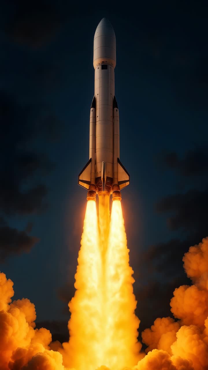 Rocket Launching into Dark Night Sky with Fiery Exhaust