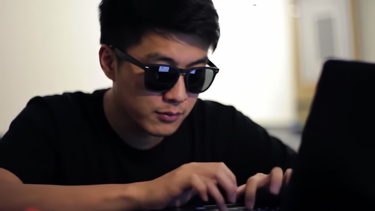 Focused Individual Working on a Laptop, Engaged in a Project While Wearing Sunglasses, Capturing the Essence of Modern Digital Life and Concentration