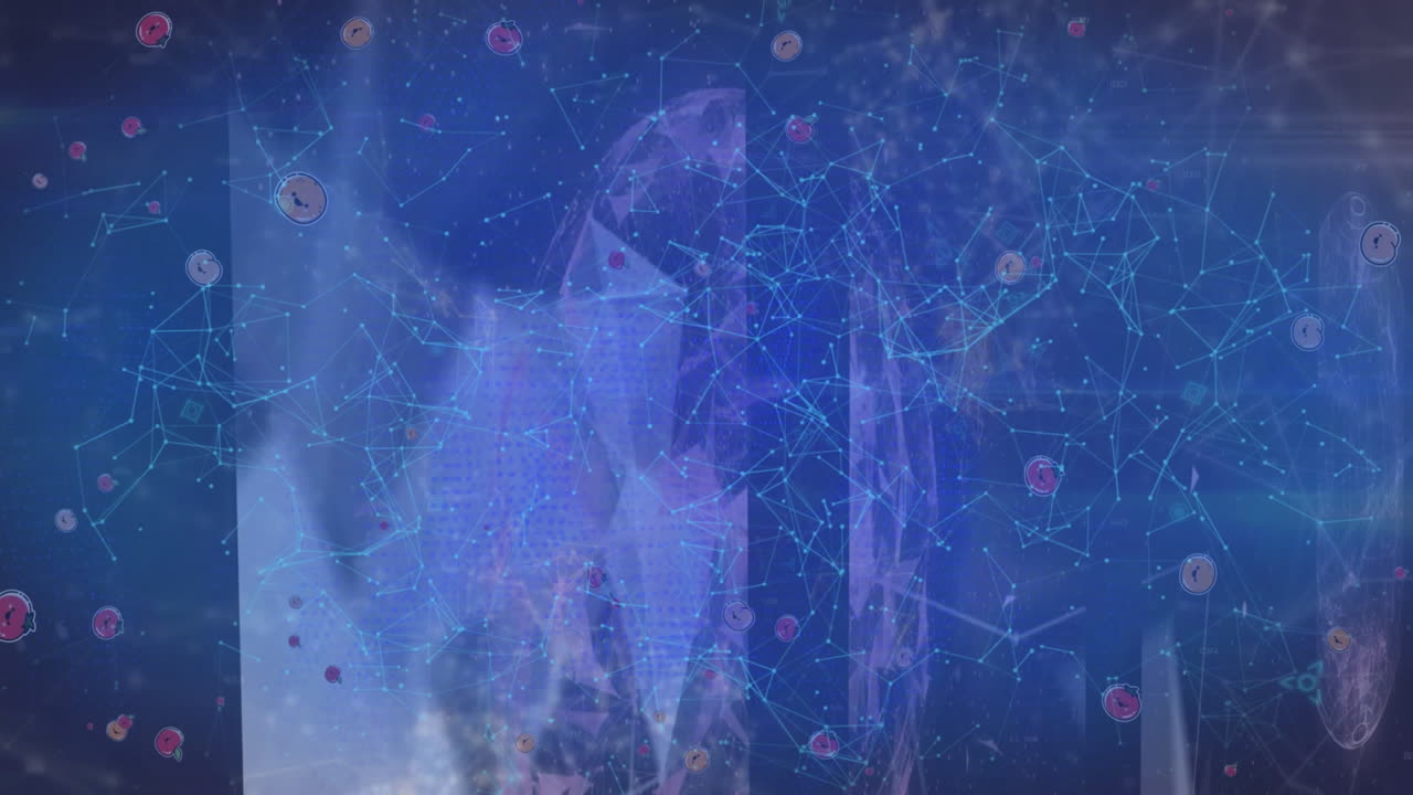 animación de la cadena de bloques y el candado digital sobre la red de conexiones sobre fondo azul