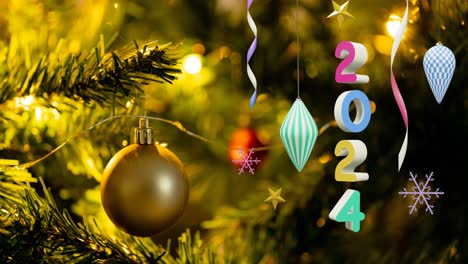 Animation-of-2024-text-and-christmas-decorations-in-background