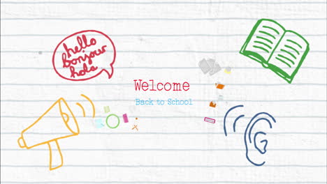 animation of welcome back to school text over school items icons