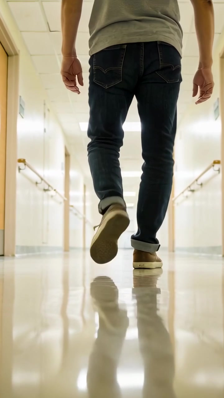 Vertical video: Walking man in gray tee, jeans, shoes on camera start down lit hall, shiny floor