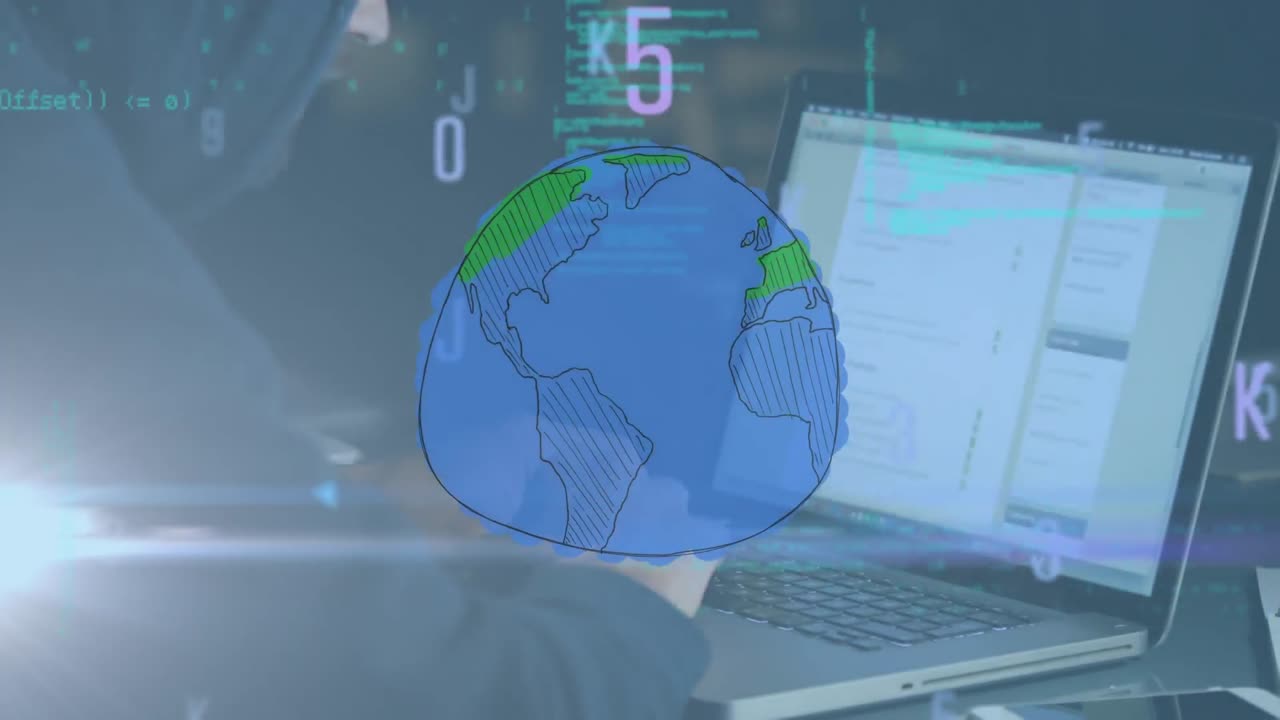animación del globo, letras y números y procesamiento de datos a través de un hacker utilizando una computadora portátil