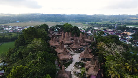 Antena-De-Casas-Vernáculas-Tradicionales-Con-Techo-De-Paja-Cerca-De-La-Laguna-Weekacura-En-West-Sumba,-Indonesia