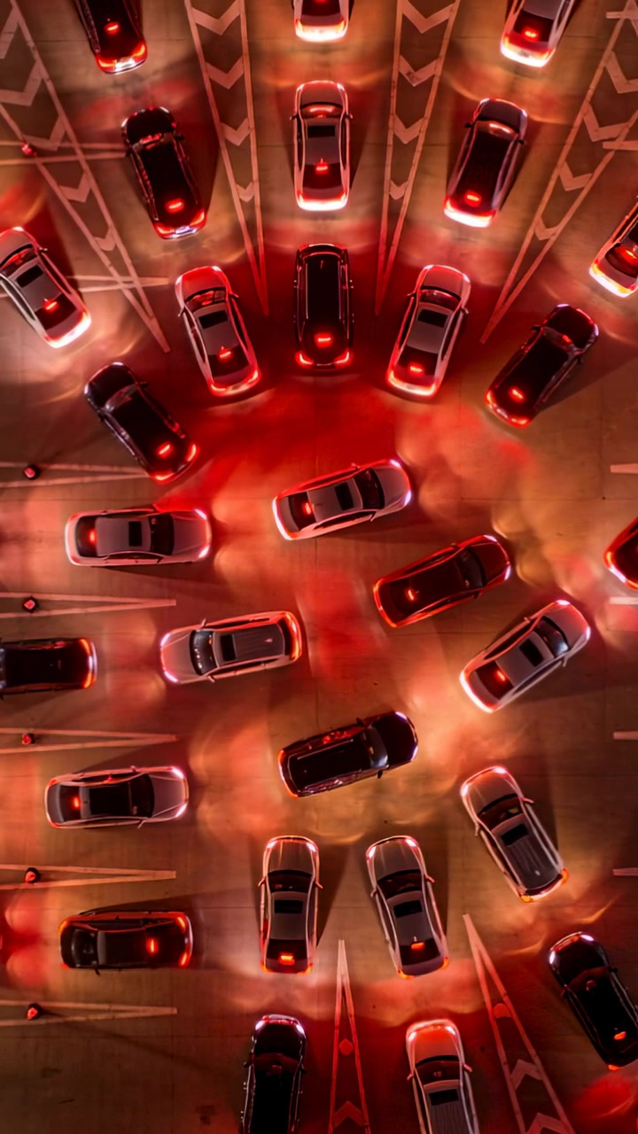 Video verticale: Auto che frenano, avanzano lentamente e si riposizionano in un parcheggio di notte, con luci posteriori rosse