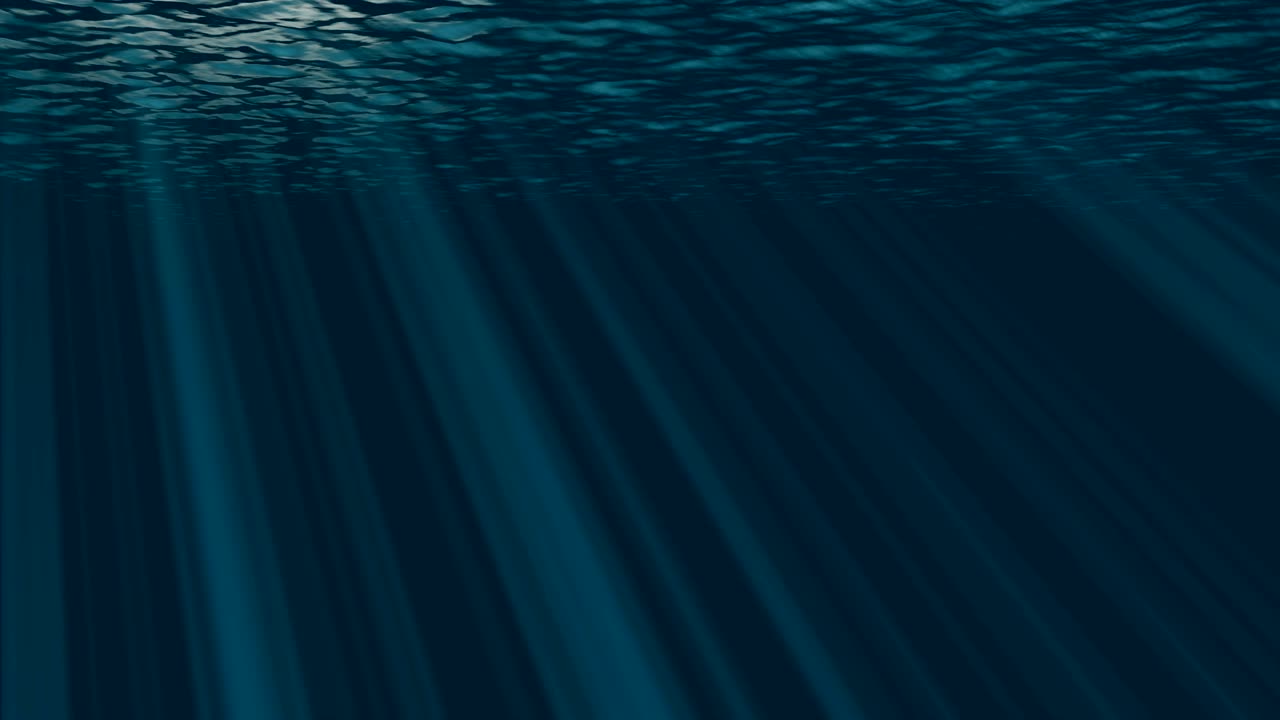 4K Looping animation of ocean waves from underwater with floating plankton. Light rays shining through. Background. Deep sea dark blue. Motion graphic and animation background.
