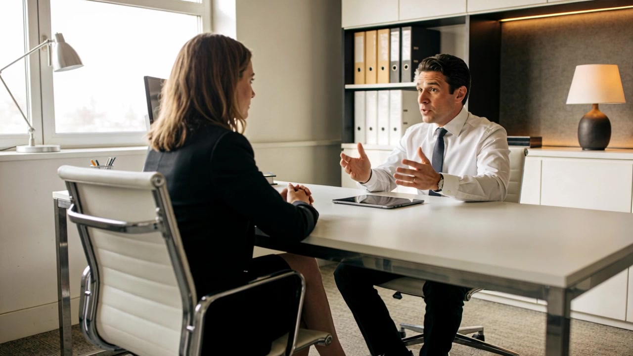 Starting manager in white shirt speaking gesturing at office desk for interview, tablet, copy space
