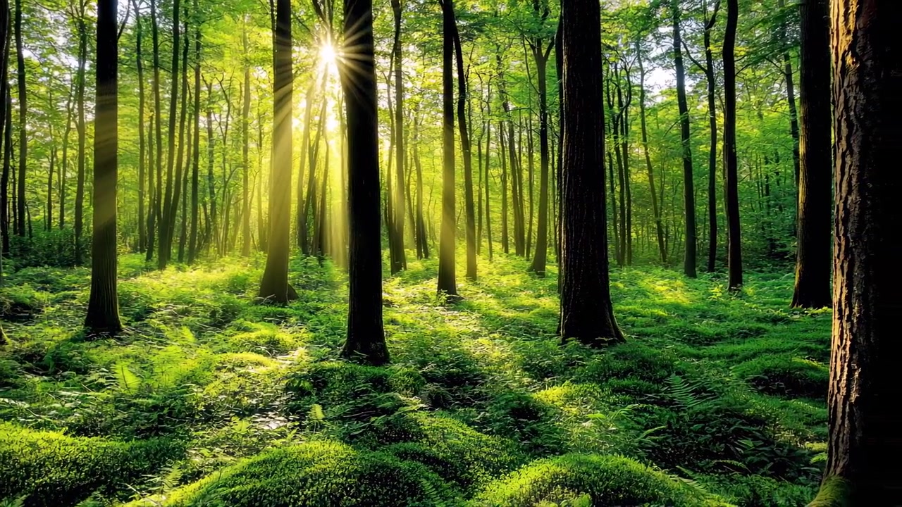 La luce del sole attraversa gli alberi in una foresta lussureggiante