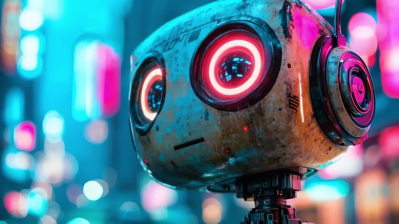 Un robot con le cuffie in piedi davanti a una città di notte.