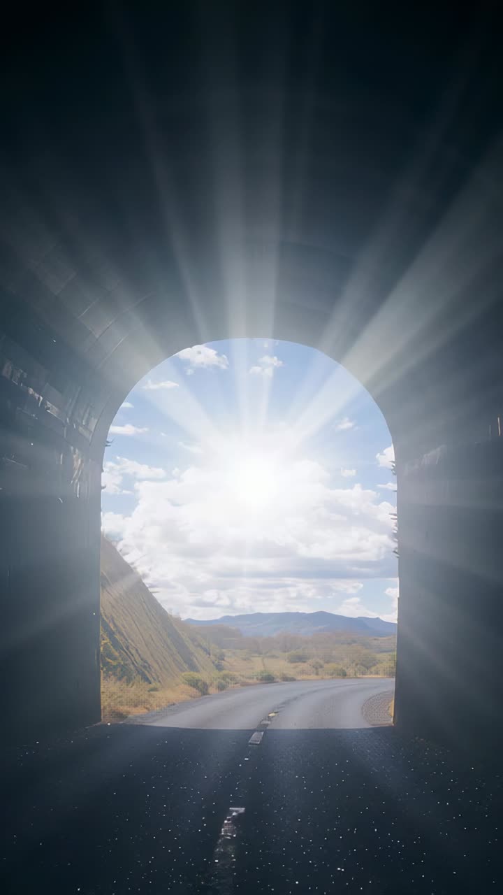 Vertical video: Rolling camera revealing arched tunnel mouth and two-lane road, showing sunburst