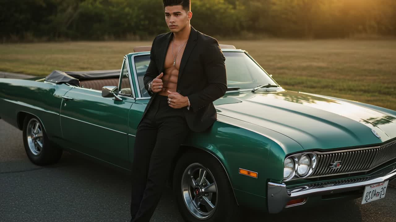 Stylish Model Poses Elegantly Next to Classic Green Convertible Car in Sunlit Outdoor Setting, Highlighting Fashion and Retro Aesthetics