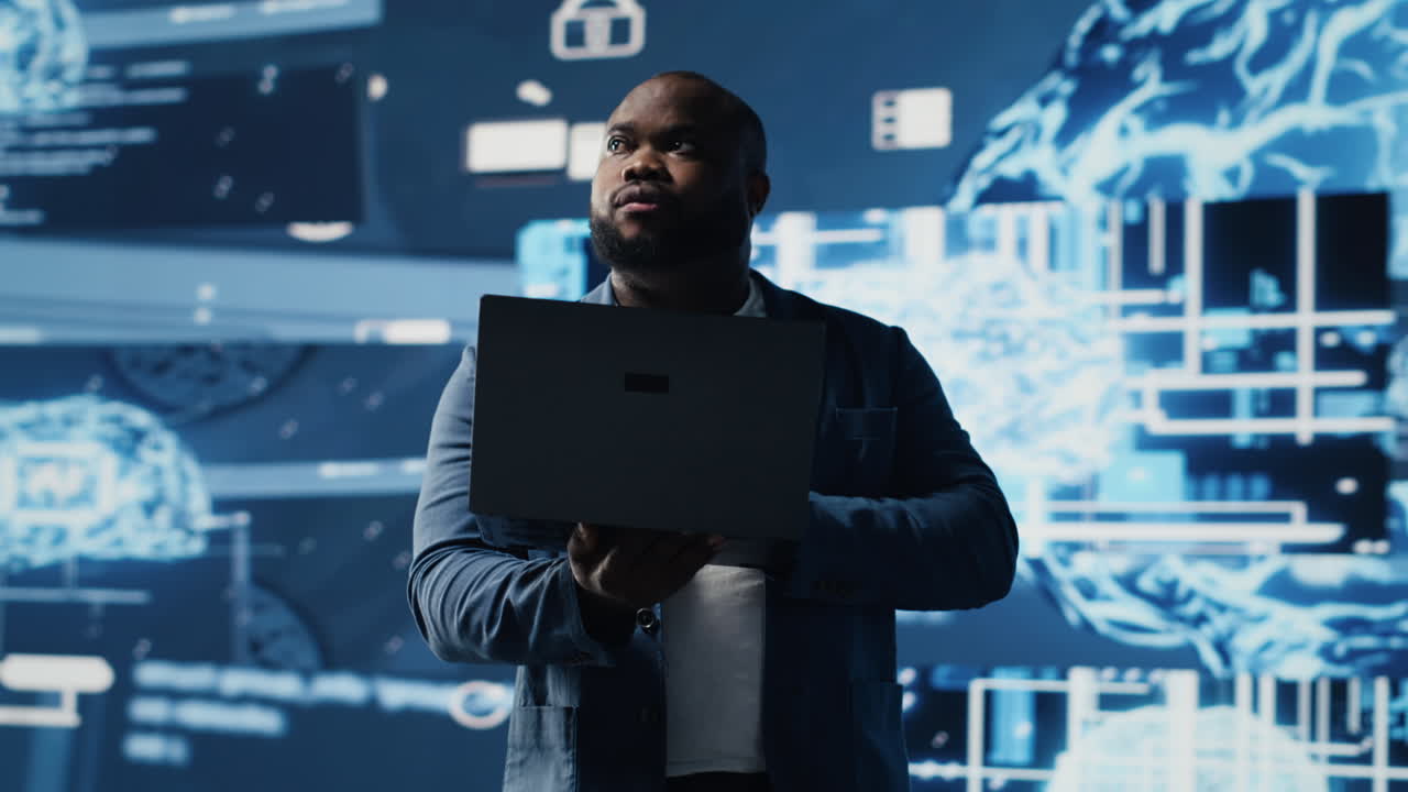 Modern african american specialist works in AI data visualization