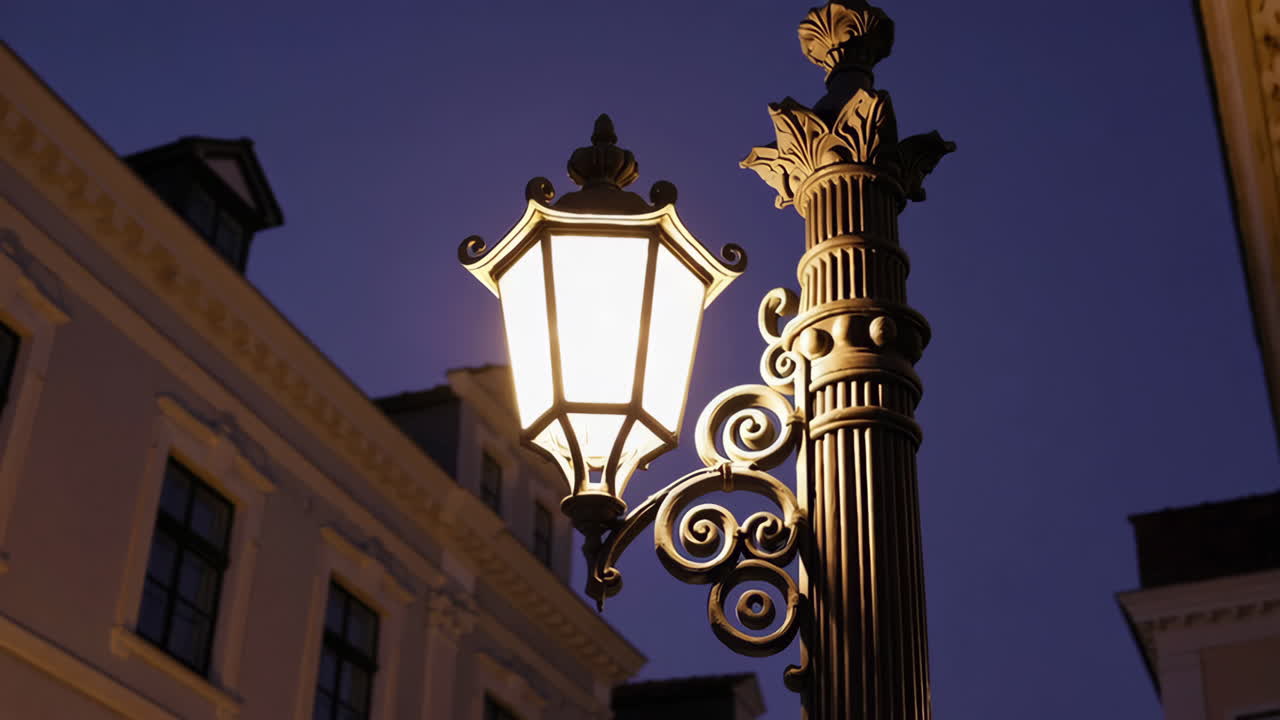 Ornate Street Lamp Glowing at Twilight