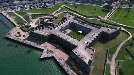 Aerial-view-circling-around-the-Castillo-De-San-Marcos,-in-sunny-St