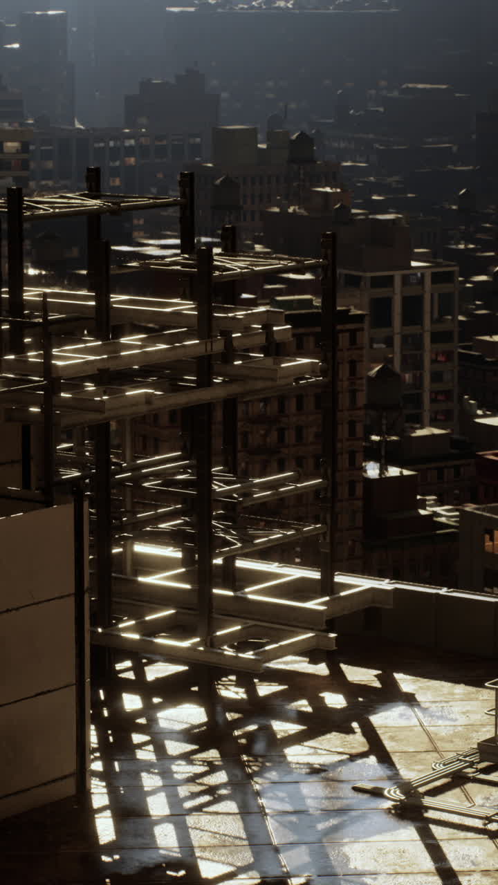 una vista de una ciudad en construcción con vigas de acero y sombras proyectadas por el sol.