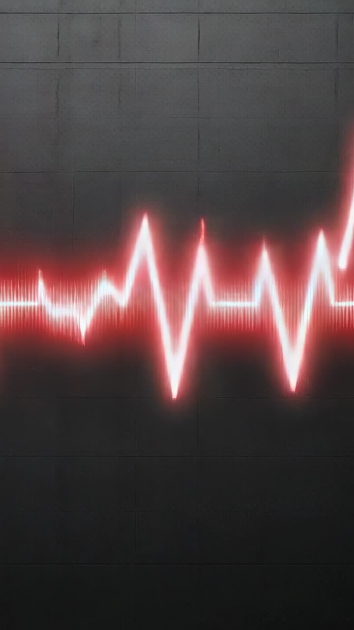 Video verticale: Massa densa che si avvia, forma d'onda rossa che si muove su tessere scure, visualizzando i picchi audio