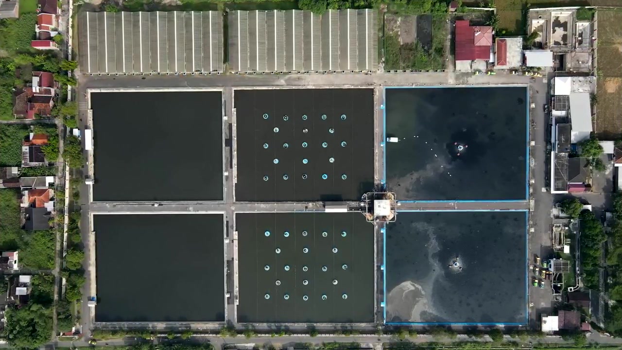 Aerial footage of the Wastewater Treatment Plant in Bantul, Yogyakarta. Its purpose is to prevent water and soil pollution, protect human health, and preserve aquatic ecosystems, allowing for reproces