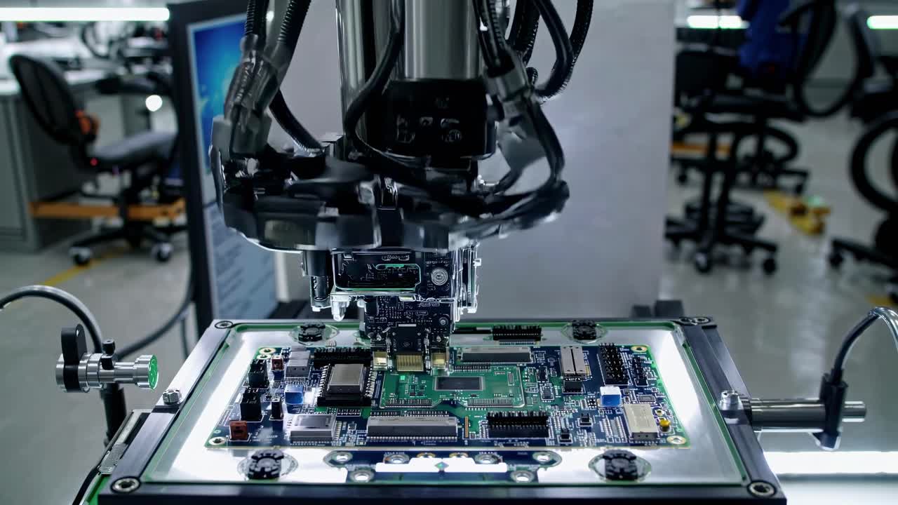 Close-up video of a robotic arm assembling a circuit board in a tech lab