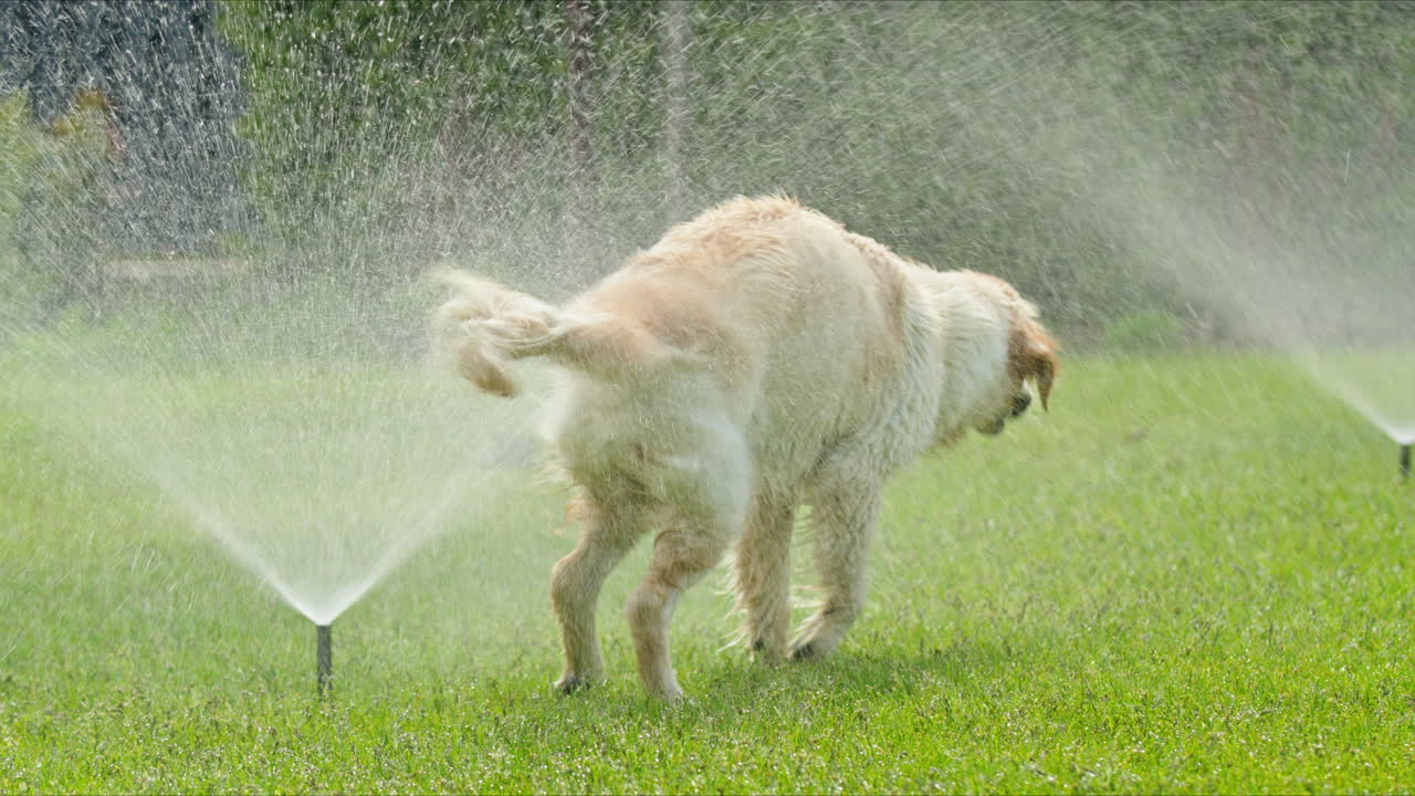 golden retriever jugando en el rociador