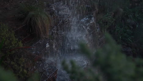 water cascades down the edge of a cliff, showering onto sloped rocks near lush green bushes, creating a shimmering reflection as it flows in cape town, south africa.