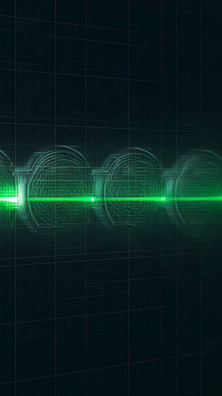 Vertical video: Entering from left, green beam seeding five neon nodes on grid, forming HUD rings