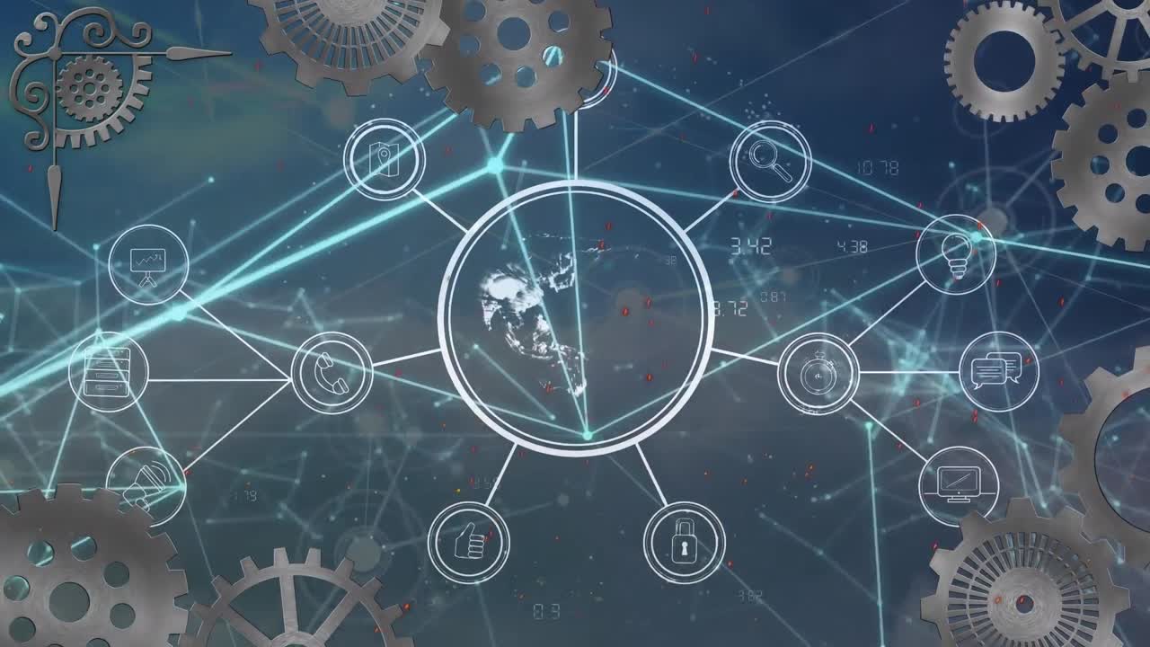 회전하는  ⁇ 니메이션과 아이콘으로 연결된 네트워크