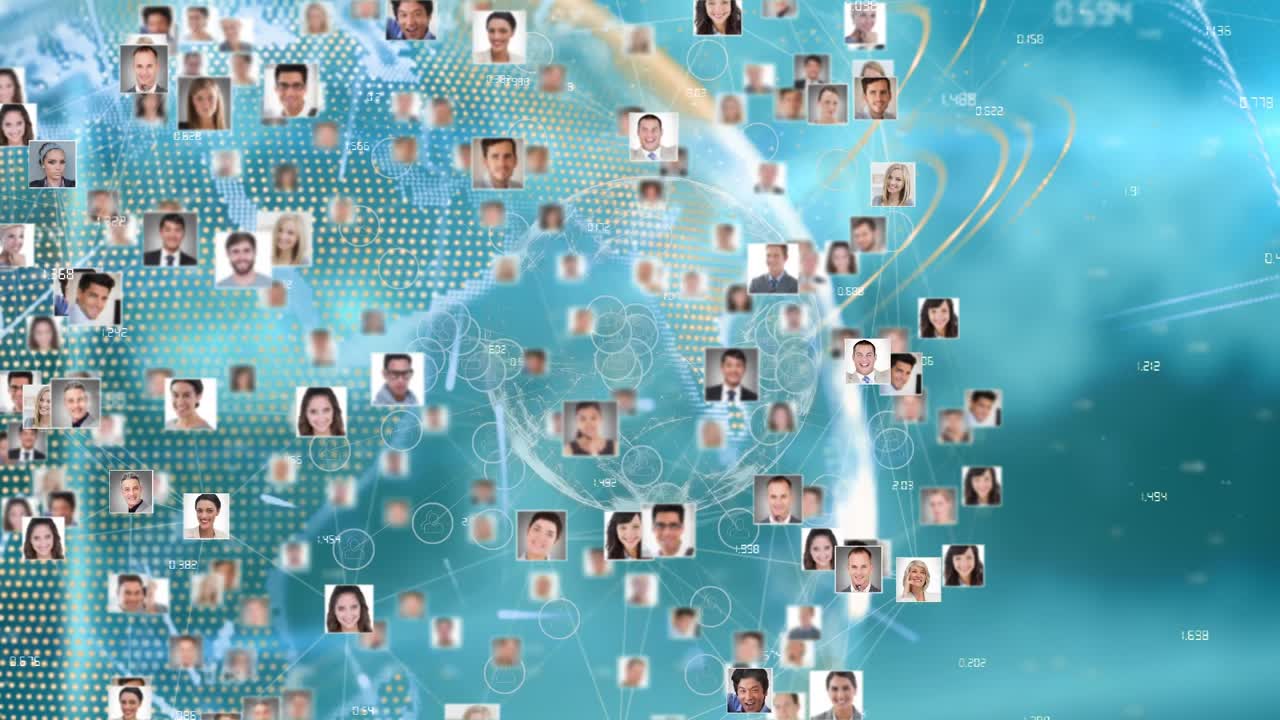 Animación de globo con red de conexiones y fotografías de empresarios